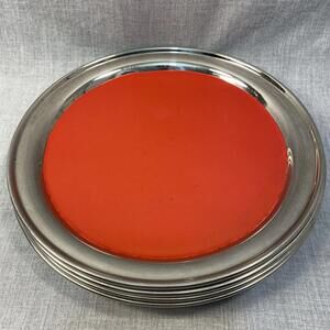 Lot Of 5 10” Serving Trays Silver with Red Non Slip Center